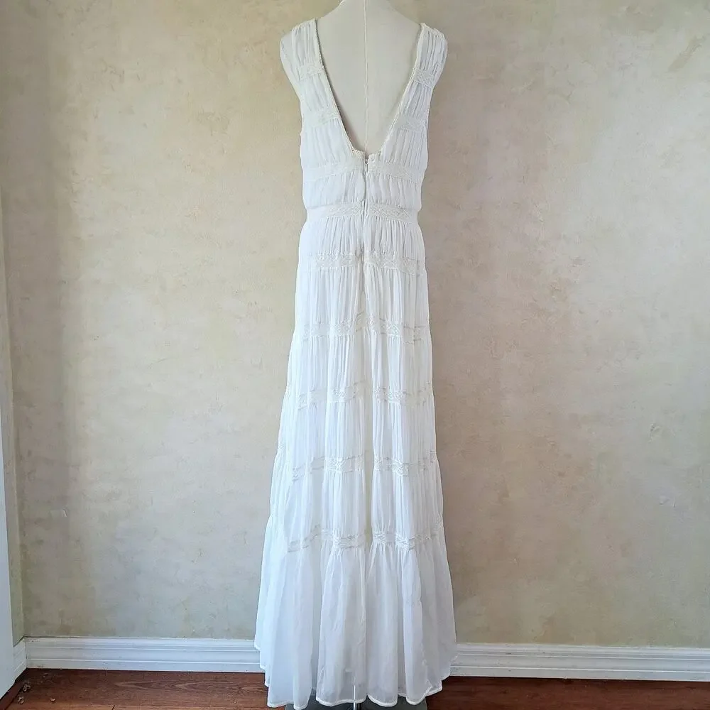 Abercrombie & Fitch White Plunge Lace Tiered Boho Maxi Dress Medium Tall MT